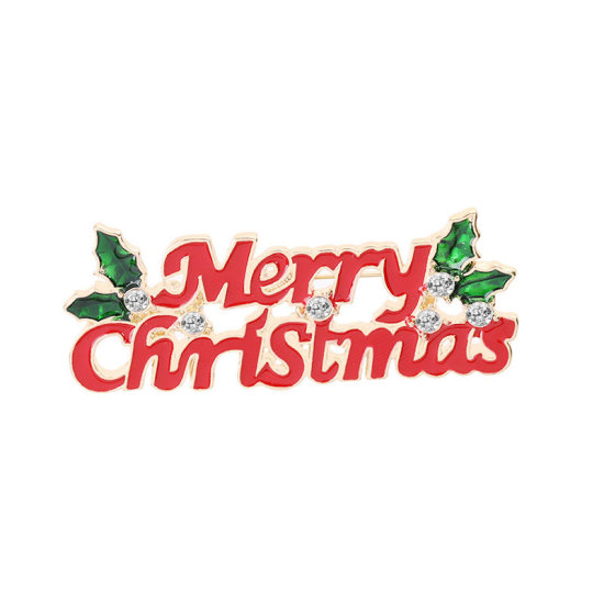 Изображение Основы для Брошей Сообщение " Merry Christmas " Красный & Зеленый Прозрачный горный хрусталь 6.3см x 2.5см, 1 ШТ