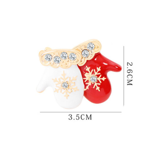 Picture of Pin Brooches Christmas Gloves White & Red Clear Rhinestone 3.5cm x 2.6cm, 1 Piece