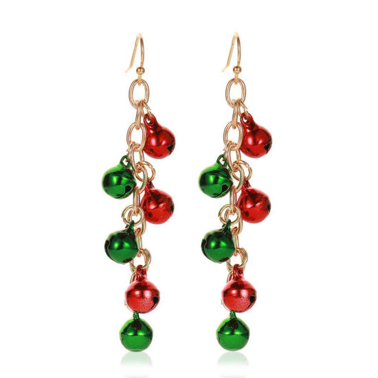Picture of Earrings Gold Plated Red & Green Christmas Jingle Bell 70mm, 1 Pair