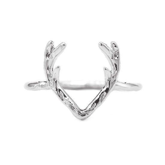 Picture of Brass Christmas Unadjustable Rings Silver Plated Antler 16.5mm(US Size 6), 1 Piece                                                                                                                                                                            