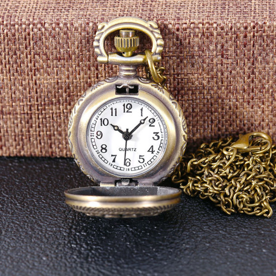 Bild von Taschenuhr Uhr (inkl. Batterie) Rund Bronzefarben Geschnitzte Muster Muster 47cm lang, 1 Strang