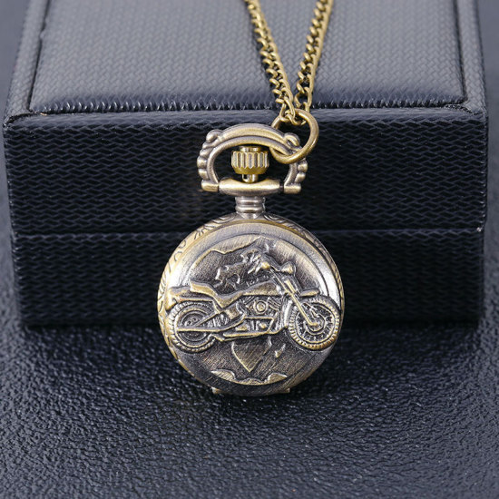 Bild von Taschenuhr Uhr (inkl. Batterie) Rund Bronzefarben Motorrad Muster 47cm lang, 1 Strang