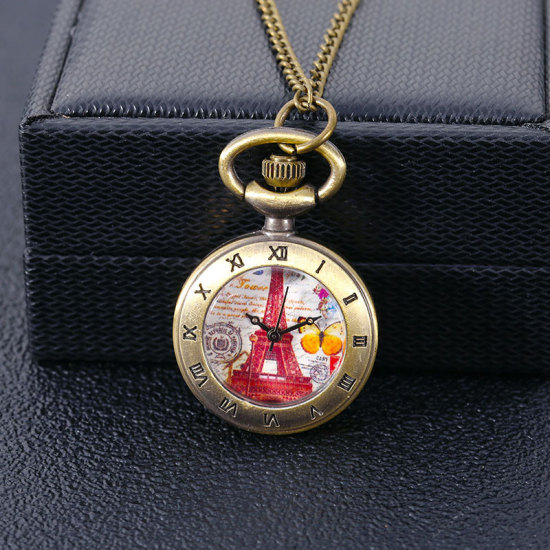 Picture of Pocket Watches Eiffel Tower Bronzed Round Pattern Red Battery Included 47cm long, 1 Piece