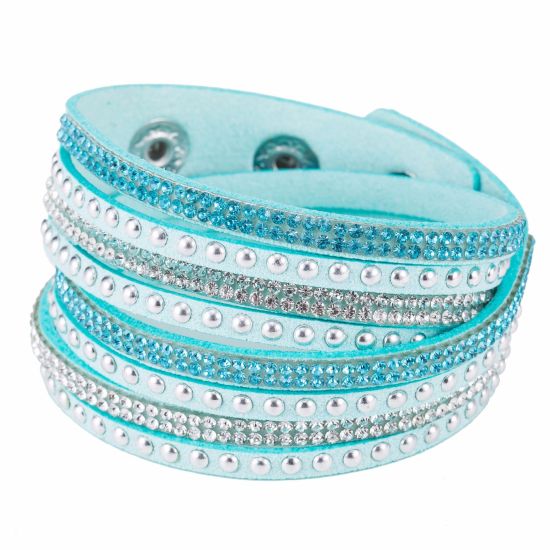 Image de Bracelets Slake en Velours Argent Mat Rond Suédine à Strass Transparent & Bleu 40cm Long, 1 Pièce