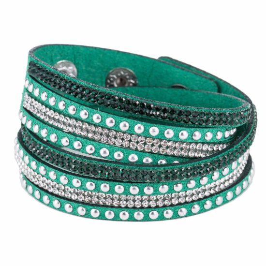 Image de Bracelets Slake en Velours Argent Mat Rond Suédine à Strass Transparent & Vert Foncé 40cm Long, 1 Pièce