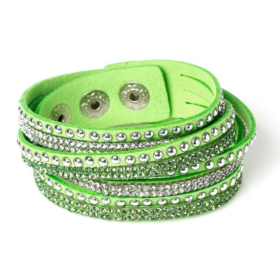 Image de Bracelets Slake en Velours Argent Mat Rond Suédine à Strass Transparent & Vert Foncé 40cm Long, 1 Pièce