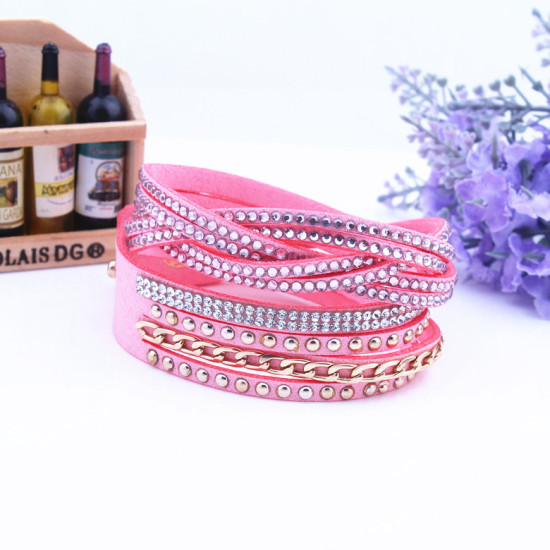 Picture of Velvet Bracelets Round Pink & Clear Rhinestone 40cm(15 6/8") long, 1 Piece