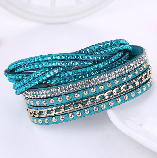 Image de Bracelets en Velours Rond à Strass Bleu-Vert & Transparent 40cm Long, 1 Pièce
