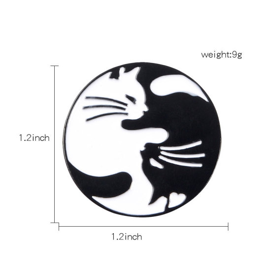 Immagine di Spilla Tondo Gatto Nero & Bianco Smalto 3cm Dia., 1 Pz