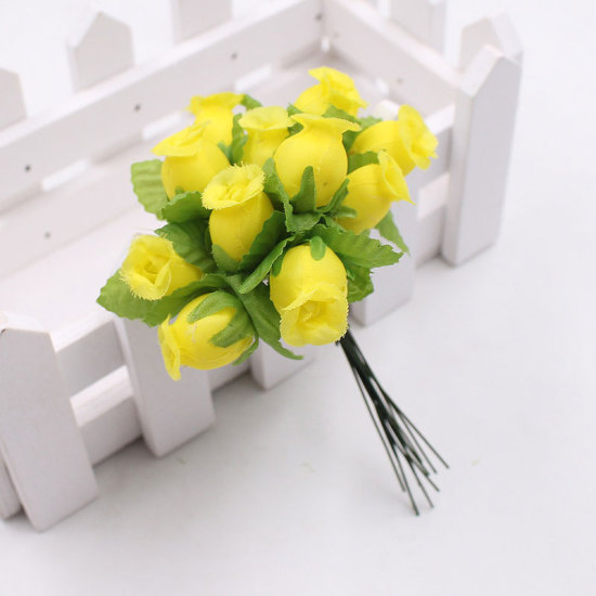 Image de Jaune 12Pcs / lot Soie Fleurs Artificielles Mini Rose Bouquet De Mariage Décoration de La Maison Carte De Métier Cadeau DIY Guirlande Accessoires