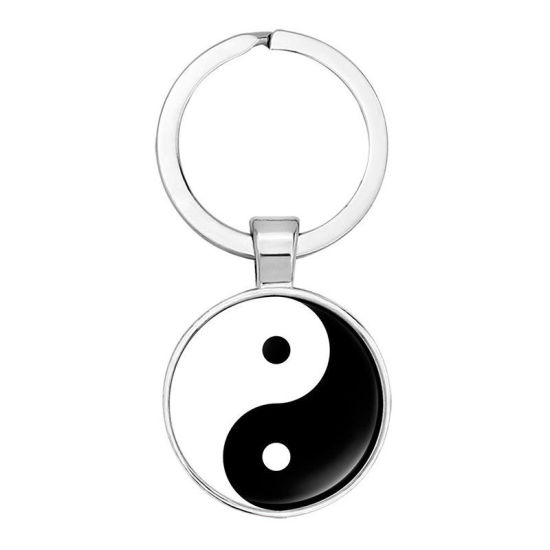 Bild von Zinklegierung & Glas Schlüsselkette & Schlüsselring Silberfarbe Grau Zahnrad Yin Yang Symbol 5.3cm, 1 Stück