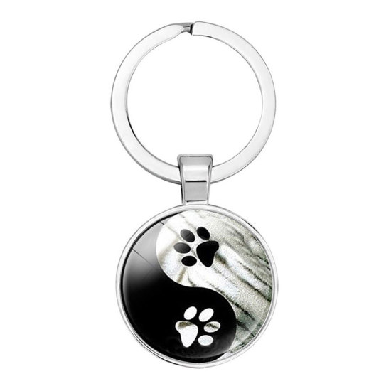 Image de Argent-- Pendentif porte-clés pendentif joyau du temps personnalisé avec des empreintes de chat Taiji yin et yang