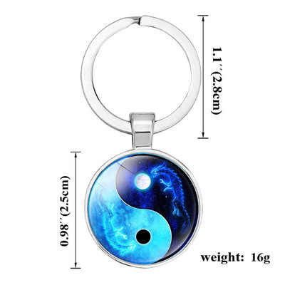 Bild von Zinklegierung & Glas Schlüsselkette & Schlüsselring Silberfarbe Blau Drache Yin Yang Symbol 5.3cm, 1 Stück