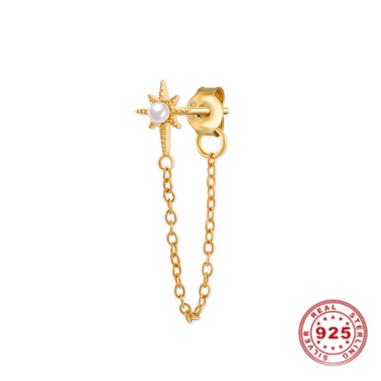 Bild von Sterling Silber Einfädler Ohrring Vergoldet Weiß Stern Imitat Perle 3.5cm, 1 Stück
