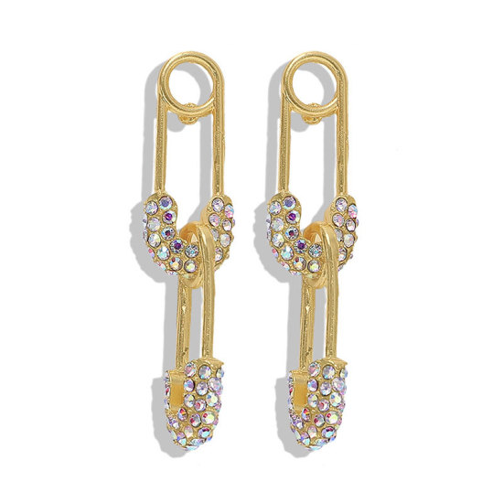 Picture of Earrings Gold Plated Pin Clear Rhinestone AB Color 5.1cm x 1cm, 1 Pair