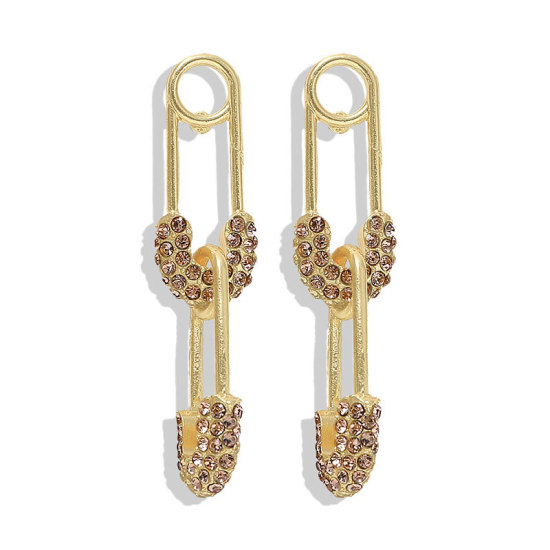 Picture of Earrings Gold Plated Pin Champagne Rhinestone 5.1cm x 1cm, 1 Pair
