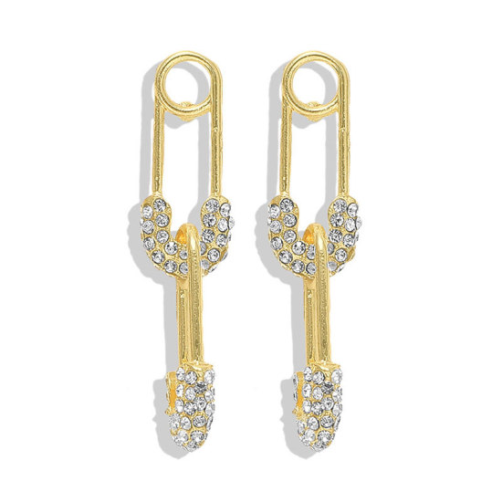 Picture of Earrings Gold Plated Pin Clear Rhinestone 5.1cm x 1cm, 1 Pair
