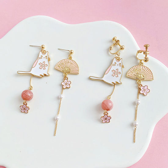 Picture of Earrings Gold Plated White & Pink Fan Cat Imitation Pearl 70mm x 30mm, 1 Pair