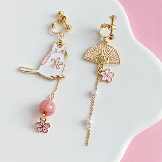 Image de Boucles d'Oreilles à Clip Doré Blanc & Rose Eventail Chats Imitation Perles 70mm x 30mm, 1 Paire