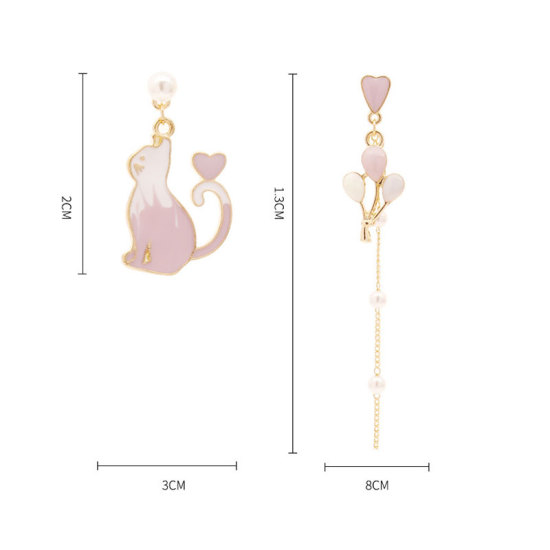 Picture of Earrings Gold Plated White & Purple Cat Animal Imitation Pearl 80mm x 13mm 30mm x 20mm, 1 Pair