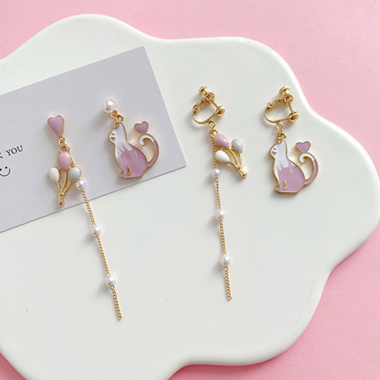 Picture of Ear Clips Earrings Gold Plated White & Purple Cat Animal Imitation Pearl 80mm x 13mm 30mm x 20mm, 1 Pair