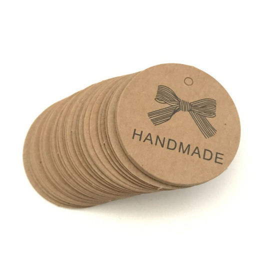 Picture of Paper Hanging Tags Round Brown Bowknot Pattern " Handmade " 4.2cm x 4.2cm, 1 Set (Approx 100 PCs/Set)
