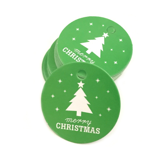 紙 吊り下げタグ 円形 白+緑 クリスマスツリー柄 4.3cm直径、 1 セット (約 100PCs/セット) の画像