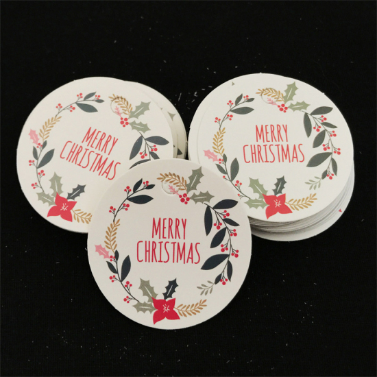 Picture of Paper Hanging Tags Round Multicolor Flower Pattern " Merry Christmas " 4.3cm Dia., 1 Set (Approx 50 PCs/Set)
