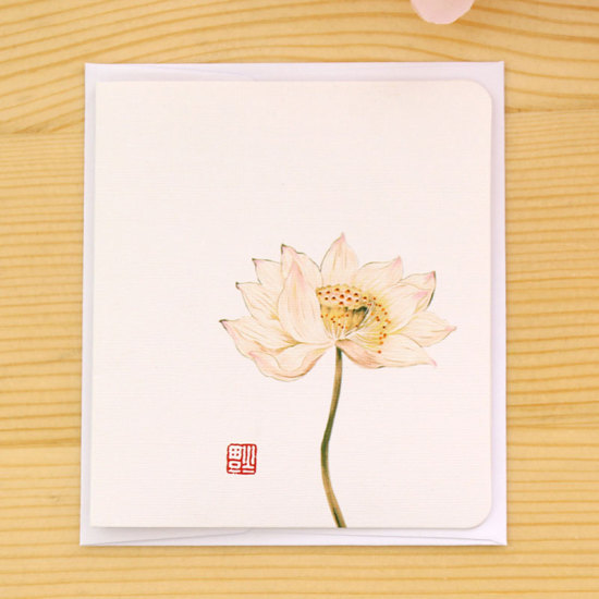 Picture of White - Lotus creative classical Chinese style greeting card White minimalist message diy folding birthday Christmas New Year's Day greeting card