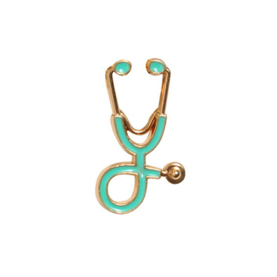 Picture of Pin Brooches Stethoscope Gold Plated Light Blue 26mm x 15mm, 1 Piece