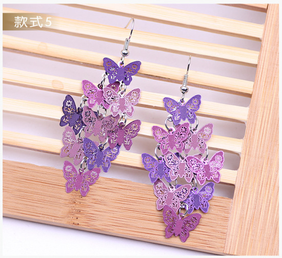 Picture of Brass Earrings Purple Butterfly Animal 60mm x 30mm, 1 Pair                                                                                                                                                                                                    