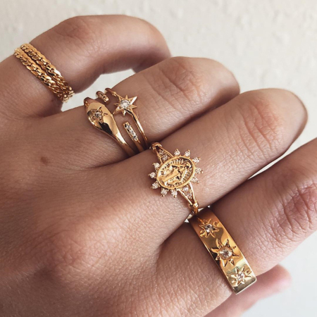 Image de Bague Anneaux de Jointure Doré Etoile de David Sainte Vierge Marie Strass Transparent 18.1mm (Taille d'US 8) - 15.7mm (Taille d'US: 5), 1 Kit ( 7 Pcs/Kit)