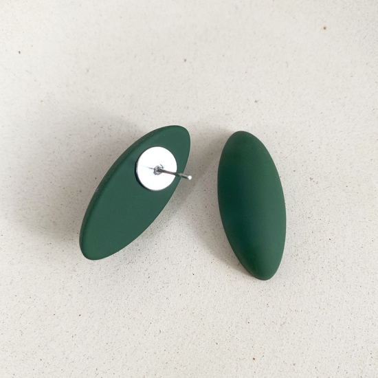 Picture of Ear Post Stud Earrings Green Oval Frosted 28mm x 12mm, 1 Pair