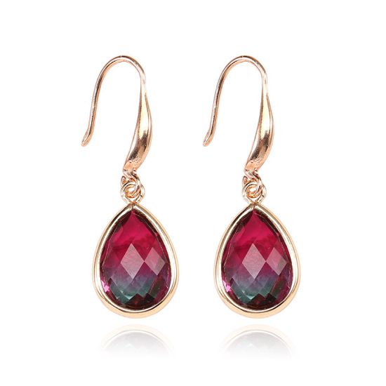 Picture of Copper Earrings Gold Plated Deep Red Drop 34mm x 12mm, 1 Pair