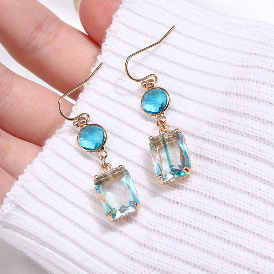 Picture of Brass Earrings Gold Plated Blue Rectangle 41mm x 10mm, 1 Pair