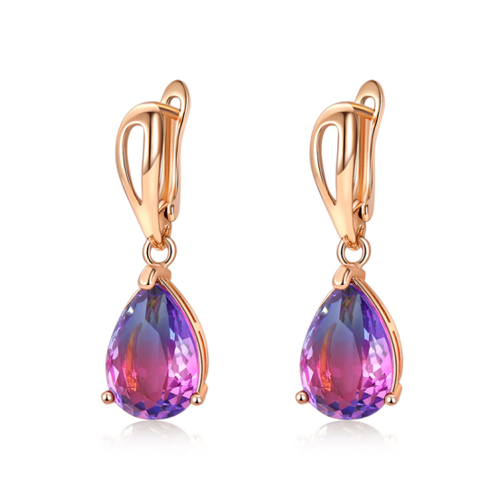 Picture of October Birthstone - Copper Ear Clips Earrings KC Gold Plated Drop Purple Cubic Zirconia 30mm x 14mm, 1 Pair