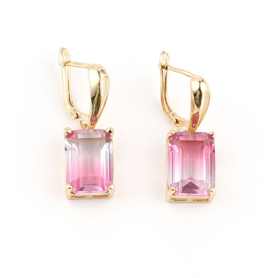 Picture of October Birthstone - Copper Ear Clips Earrings KC Gold Plated Rectangle Purple Cubic Zirconia 30mm x 10mm, 1 Pair
