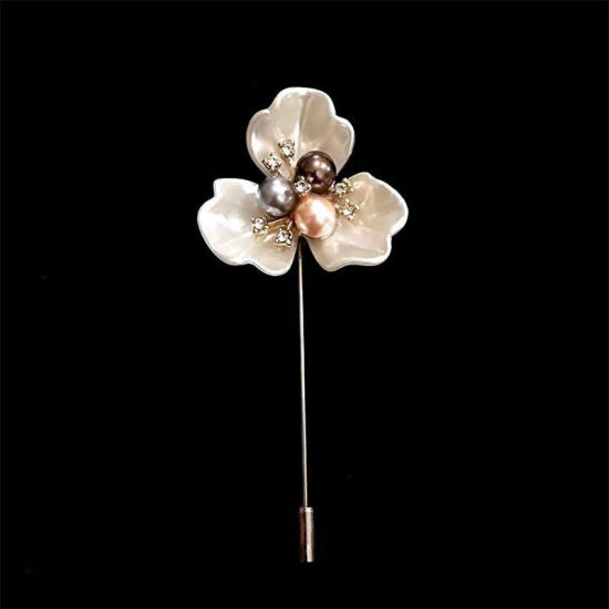Picture of Pin Brooches Flower Silver Tone Imitation Pearl Clear Rhinestone 80mm, 1 Piece