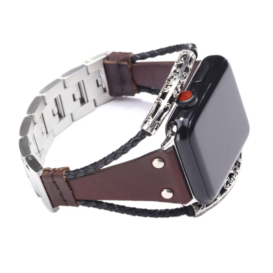 Picture of Stainless Steel & Real Leather For 42mm/44mm Apple iwatch Watch Bands For Watch Face Brown 20.5cm wide, 1 Piece