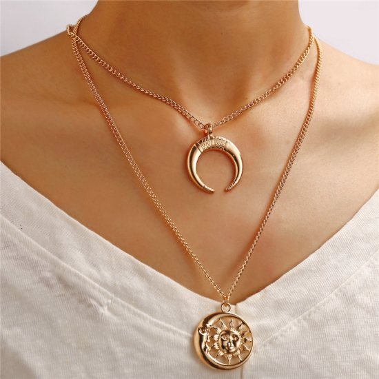 Picture of Multilayer Layered Necklace Gold Plated Sun Moon 42cm(16 4/8") long, 1 Piece