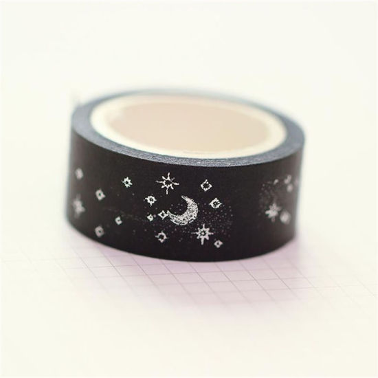 Picture of Japanese Paper Adhesive Washi Tape Black & Silver Color Star Moon 15mm, 1 Piece (Approx 5 M/Roll)