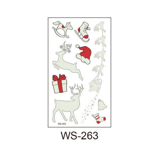 Image de Autocollant Sticker de Tatouage Amovible Imperméable en Papier Forme Renne de Noël Boots Rouge, Brille dans le Noir 10.5cm x 6cm, 1 Pièce