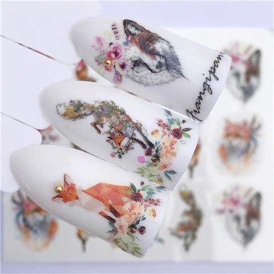 Image de Stickers d'ongles en Papier Forme Renard Fleurs Multicolore, 6cm x 5cm, 1 Pièce