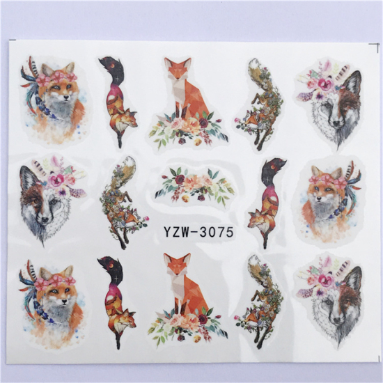 Изображение Бумага Наклейки для Ногтей Лиса Цветок Разноцветный 6см x 5см, 1 Лист