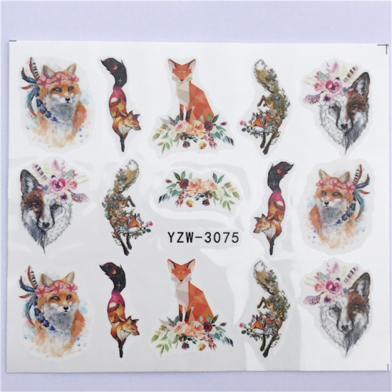 Image de Stickers d'ongles en Papier Forme Renard Fleurs Multicolore, 6cm x 5cm, 1 Pièce