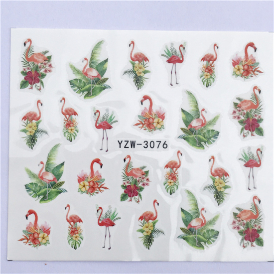 Image de Stickers d'ongles en Papier Forme Flamants Feuilles Multicolore, 6cm x 5cm, 1 Pièce