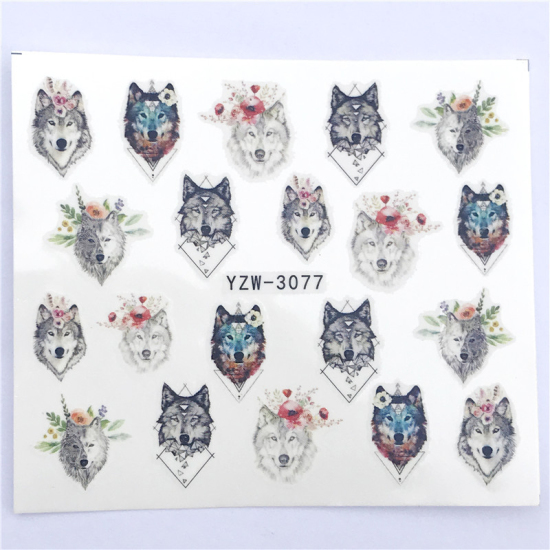 Изображение Бумага Наклейки для Ногтей Волк Цветок Разноцветный 6см x 5см, 1 Лист