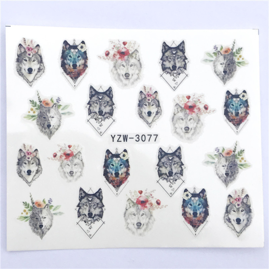 Image de Stickers d'ongles en Papier Forme Loup Fleurs Multicolore, 6cm x 5cm, 1 Pièce