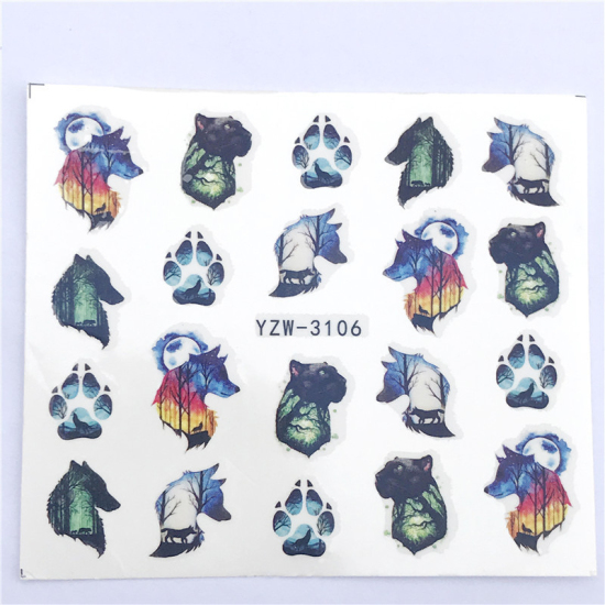 Image de Stickers d'ongles en Papier Forme Loup Multicolore, 6cm x 5cm, 1 Pièce