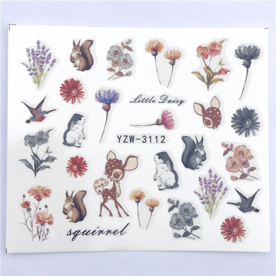 Изображение Бумага Наклейки для Ногтей Цветок Листья Олень Разноцветный 6см x 5см, 1 Лист